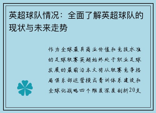 英超球队情况：全面了解英超球队的现状与未来走势