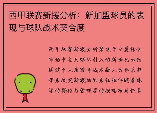 西甲联赛新援分析：新加盟球员的表现与球队战术契合度