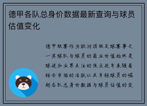德甲各队总身价数据最新查询与球员估值变化