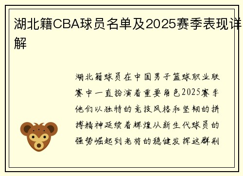 湖北籍CBA球员名单及2025赛季表现详解